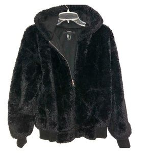 Black Furry Hooded Zip Up